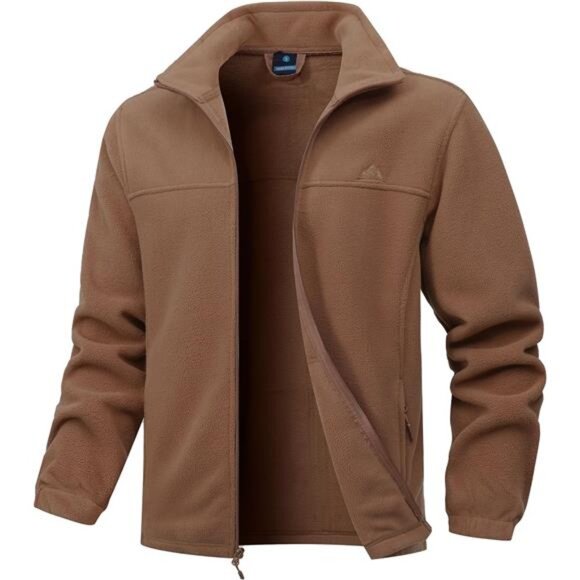Men's Soft Polar Fleece Jacket with Pockets Lightweight Outdoor Brown - Picture 1 of 8